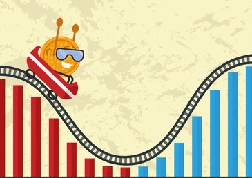 Conceptual cartoon illustration showing a gold coin character wearing sunglasses riding a roller coaster car down a steep track, framed by red declining volume bars on the left and blue ascending volume bars on the right.